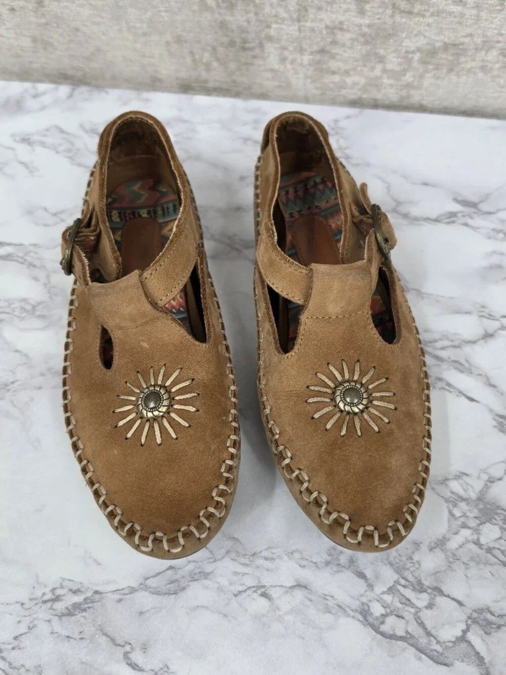 Vintage Hush Puppies Girls Tan Leather Mary Jane Moccasin Shoes Boho Western